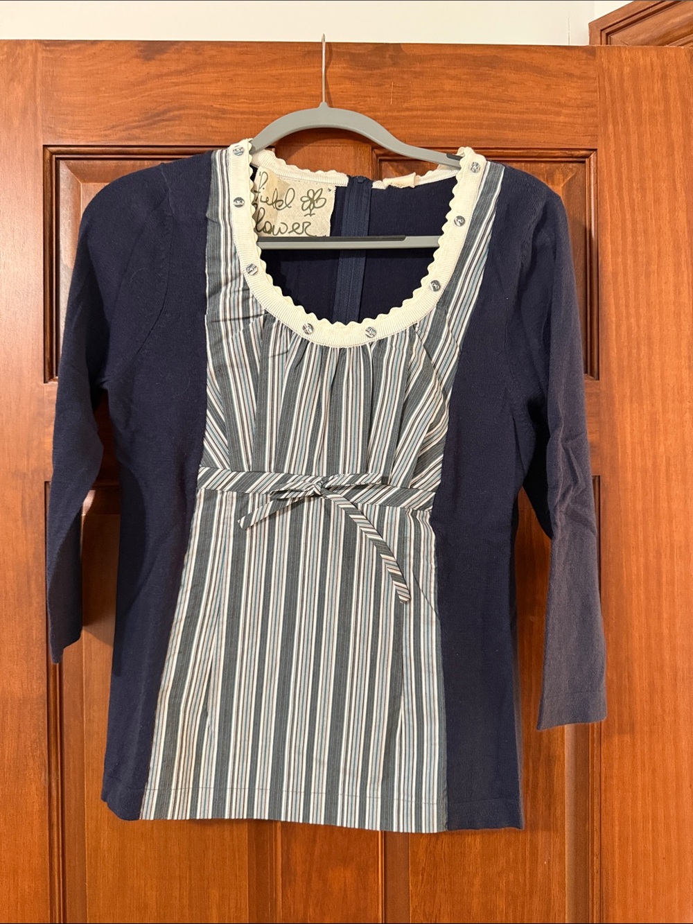 Anthropologie Navy and Cream Striped Scoop-Neck Tie-Waist Long Sleeve Top
